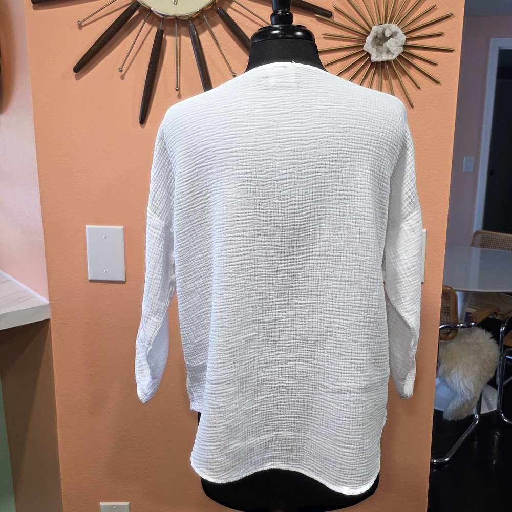 CMC By Color Me Cotton Medium White 3/4 Sleeve Relaxed Blouse Gauze Top - Picture 4 of 9